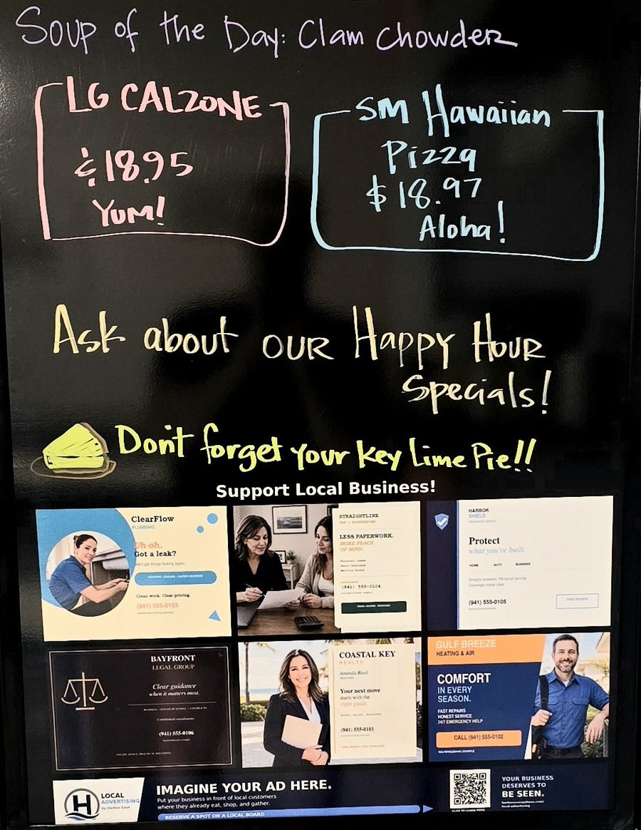 A Local Visibility Board in a local restaurant, with daily specials above and six ad spaces below